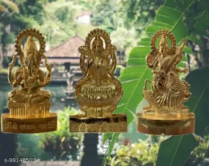 LAXMI AND GANESHJI AND SARASWATI MAA delightful Statue/Idol/ Decorative Showpiece - 8 cm (Brass, Gold)