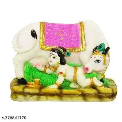 Hindu God Krishna and Cow Gau Mata Idol/Statue/Figurine for Gifting and Home Decor (4 x 3 inches)