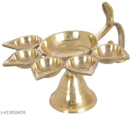 Pure Brass Panch Aarti Lamp Pancharti Diya Oil Lamp Puja Aarti Diya Panch Mukhi Aarti Deepak Oil Lamp Puja Accessory for Gifting and Religious Purpose 5 Face Brass Diya Lamp