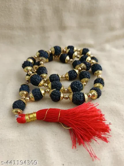 Elegant, Rudraksha Mala with Golden Beads and Red Tassel