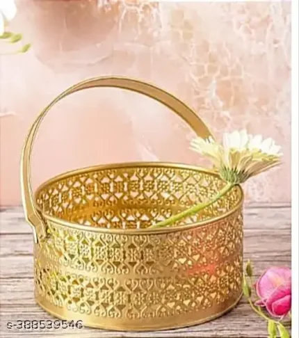 Metal Round Shape Traditional Pooja Basket Dalia, Gold, pooja dalia pooja samagri pooja basket 8X7X8 Inch