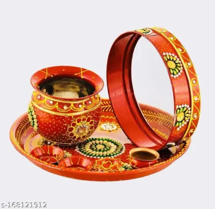 Karvachauth New Special and Decorative puja thali Set (channi) (lota) (Diya Holder) (Little Kalash) (2 Bowls) (Set of 7 Items)
