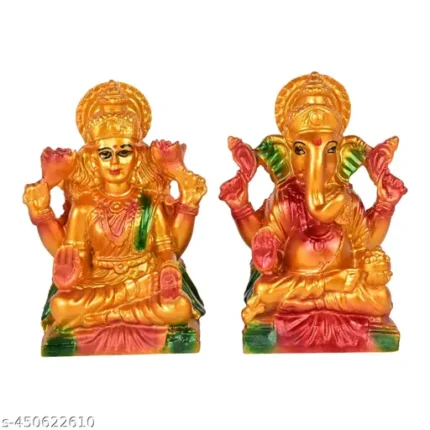 Lakshmi Ganesha Idol | Murti | Statue | Showpiece| Home Temple | Diwali Gift Decorative Showpiece - 15 cm (Polyresin, Golden)