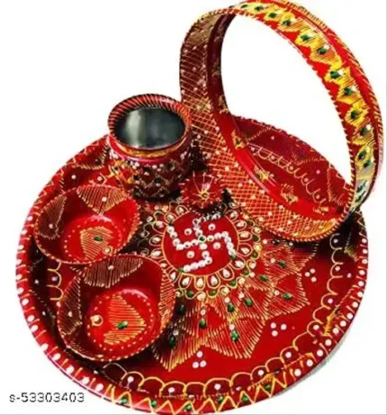 Karwa chauth thali Set| karwachauth puja thali Set | Pooja Thal | Lota/Kalash | Channi for Karwa Chauth Pooja, (Thali, Channi, Kalash, Diya, Akshat)