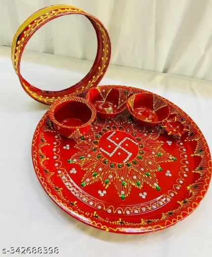Karwachauth Thali Set - karwachauth puja Stainless Steel Thali Set - Channi/Lota/Diya/Bowls/Kalash/Kumkum Box pooja thali Aarti thali plate for puja