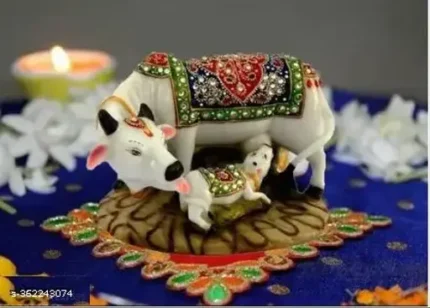Polyresin Cow and Calf Big Statue | Spiritual Vastu Nandi Pooja Figurine Sculpture | Designer Stone Studded Gau MATA Animal Puja Idol Decorative Showpiece Decorative Showpiece - 5 inch (Polyresin, Marble, Multicolor)
