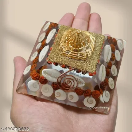 Gomti Chakra Pyramid - Large Orgonite Pyramid with Shree Yantra - Feng Shui Vastu Items for Home with Rudraksha, Gomati Chakra, Chirmi & Kaudi Shells (Wealth Pyramid)| Laxmii Yantra| Gomti | Gomati Chakra| Vastu Yantra| Postivity|