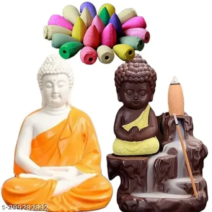 Handcrafted Polyresin Buddha & Sitting Meditation Dhyan Buddha Statue Showpiece Lord Buddha Idol (Orange & Yellow) free 10 Pcs Back flow Cone