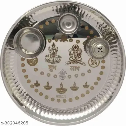 Jelly Stainless Steel Puja Thali Set with Attached Diya, Watti, Agarbatti Stand- Pooja Thali for Office/Home/Temple .(size 10 inch)