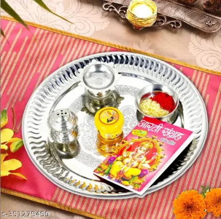 Pooja Thali/Aarti Thali set for several occasions like - Navrati, Diwali, Karwa chauth, return Gift, Housewarmining Pooja (9 inch) | Wedding Return Gifts