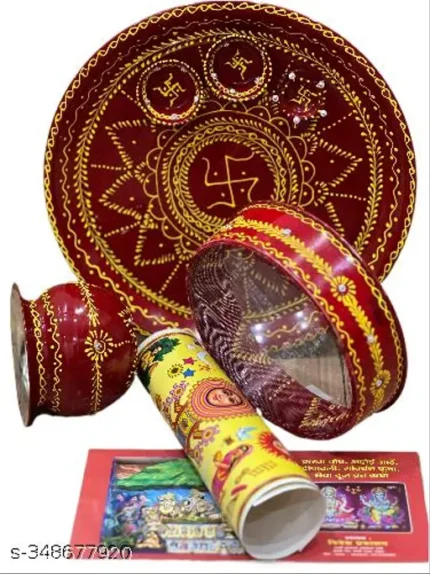 Karwachauth Thali Set | Indian Festival Thali Set | Traditional Karwa Chauth Poojan Thali Set with All Item | Stainless steel thali with Free katha book