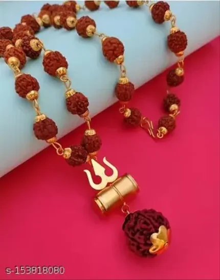 Rudraksha Mala Gold Plated Cap With Trishul Damru Pendant Puja Article