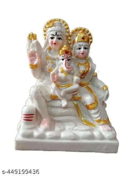 Shiva Parvati Ganesh Idol Shiv Parivar Murti Statue For Home office Temple Mandir (White And Gold) Decoration For Home Decor And office I Made In India, Pack of 1