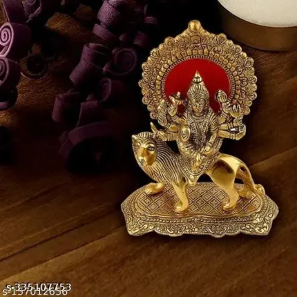 METAL HAND CARVED MAA DURGA MURTI IDOL FOR POOJA | DEVI MAA FIGURINE SHOWPIECE | GOLDEN COLOR SMALL SHERAWALI MATA ON LION | GODDESS MAA SHAKTI FOR NAVRATRI | BEAUTIFUL STATUE OF MAA AMBEY FOR HOME DECOR | SCULPTURE