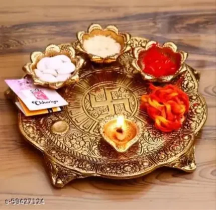 Pooja Thali with 4 Diya For Home,Temple,Office And Gifting Purpose Size Metal L-B-H-22x22x4 cm