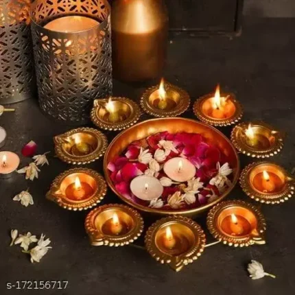 Golden Decorative Metal Diya Traditional Lotus Urli Bowl